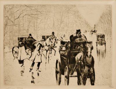 Winterliche Tiergartenallee mit Pferdedroschken von Lesser Ury